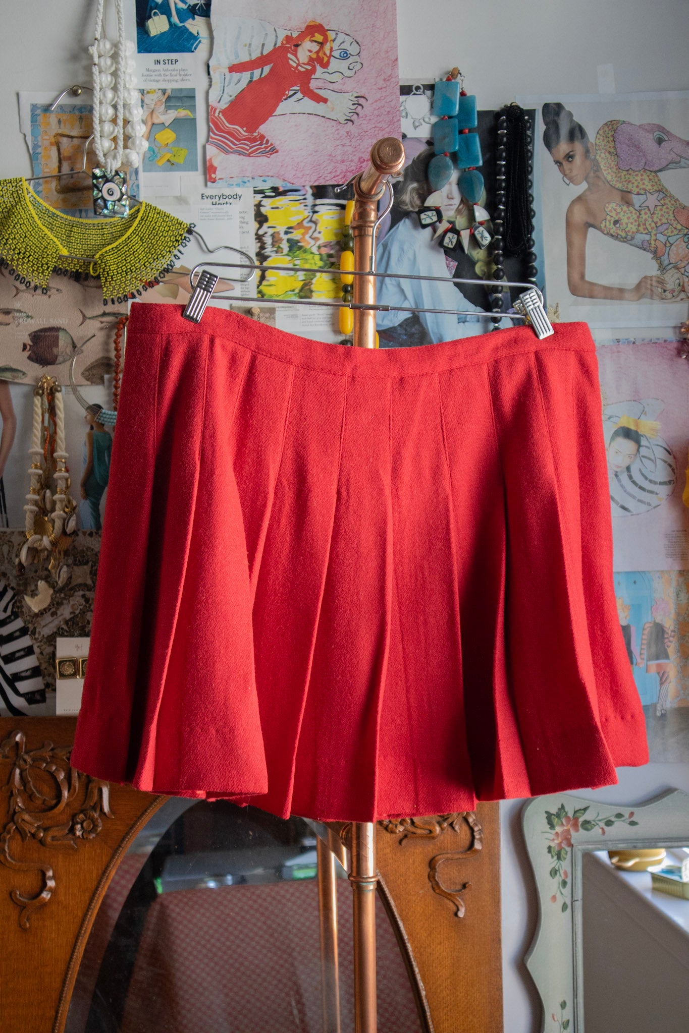 Pleated Red Wool Skirt