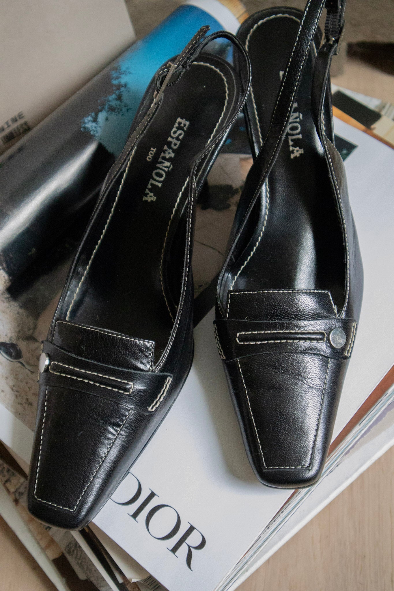 Black Leather Slingbacks