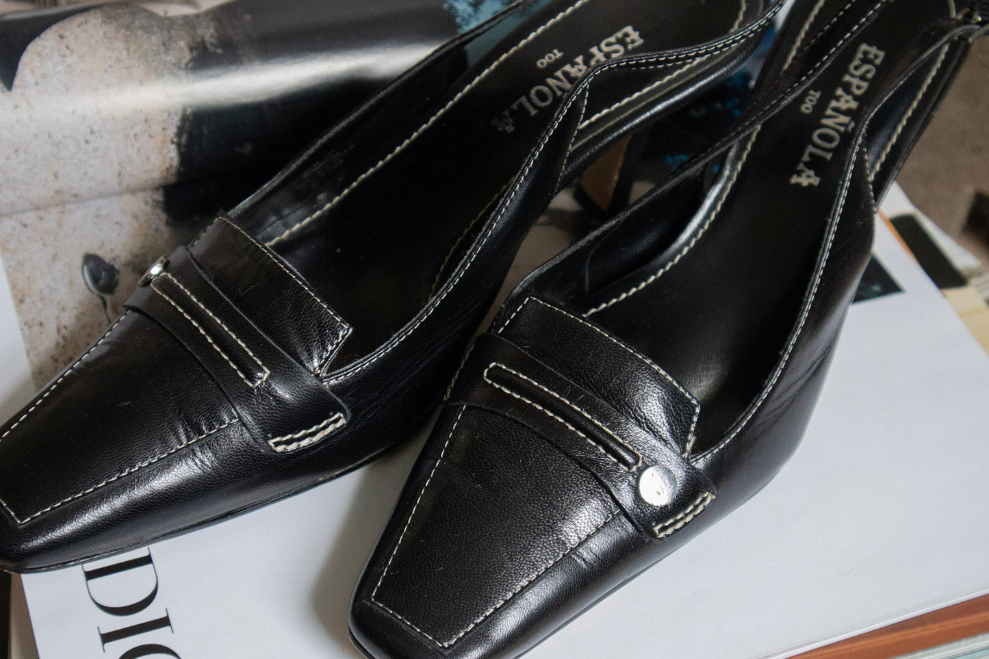 Black Leather Slingbacks