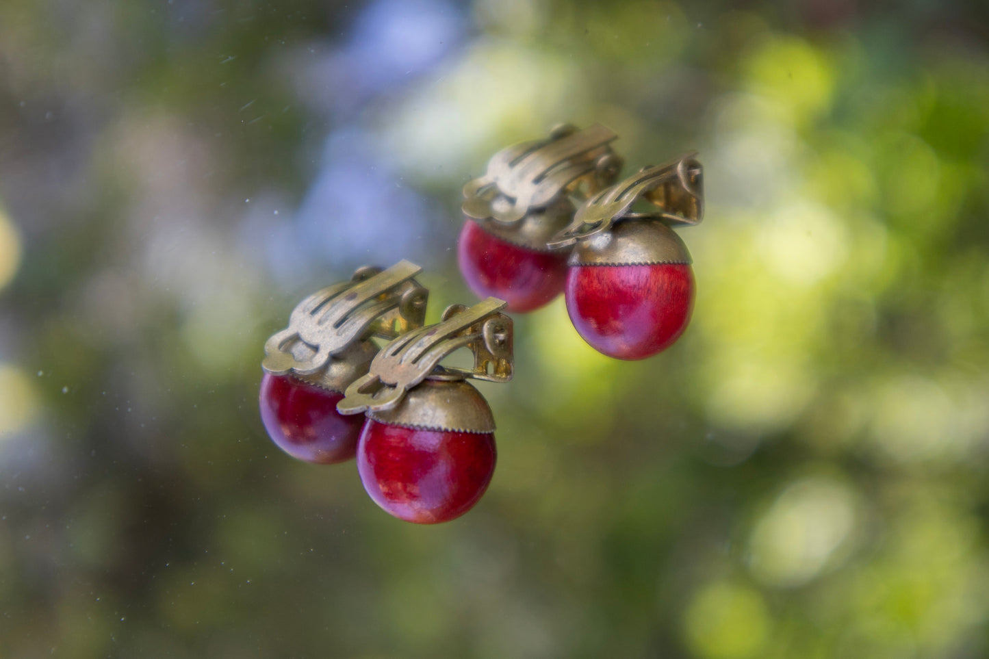 Red Wooden Pearl Clip-Ons