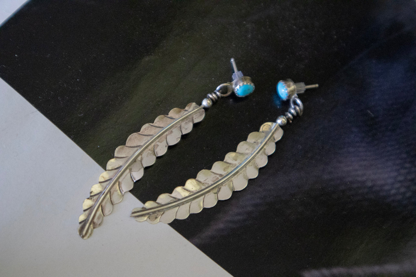 Turquoise Silver Feather Earrings