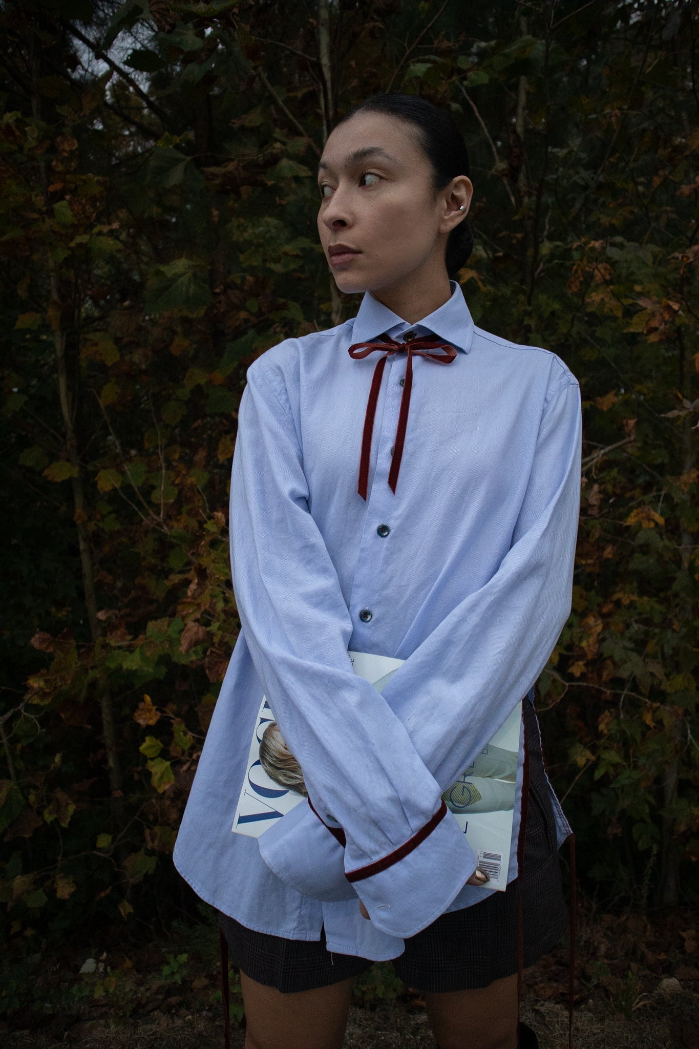 Blue Linen Button with Velvet Trim