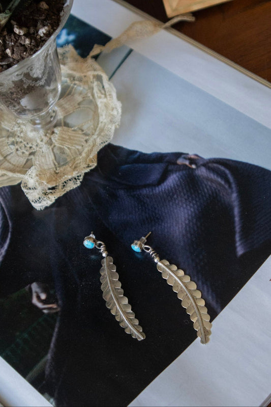 Turquoise Silver Feather Earrings