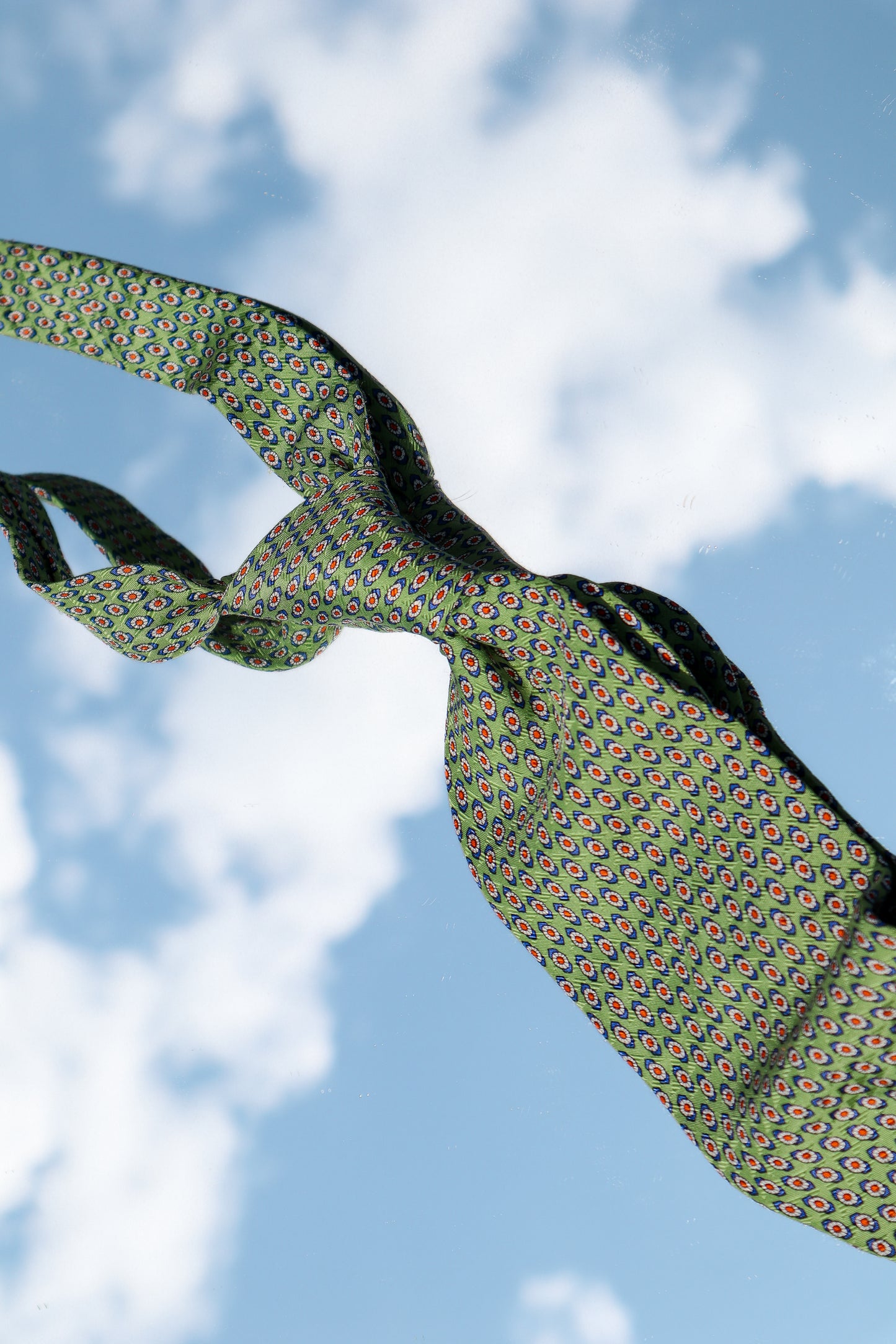 White Floral Print Green Tie